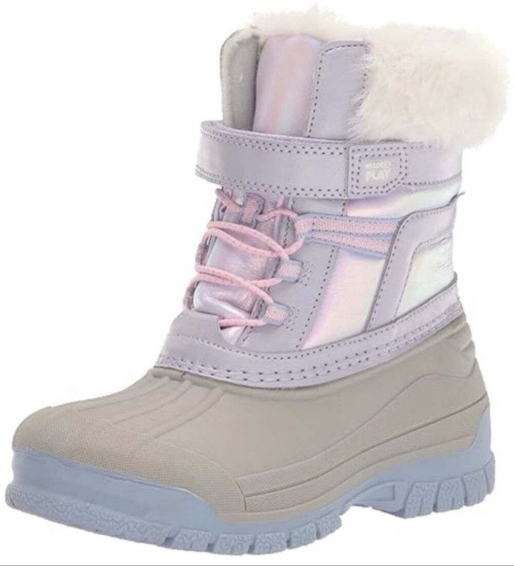 Stride Rite Made2Play Frost Trek snow boots iridescent lavender cozy faux-fur 12